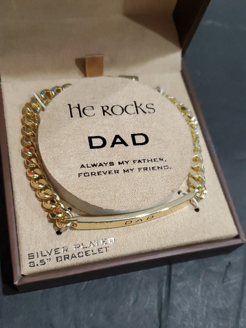 He Rocks Dad monogram silver plated 8.5" gold bracelet brand new in box
